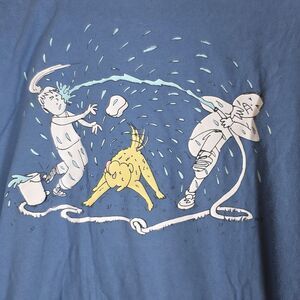 Hanes Beefy-T Vintage 90s Graphic Tee dog water fight Navy Blue Size Large